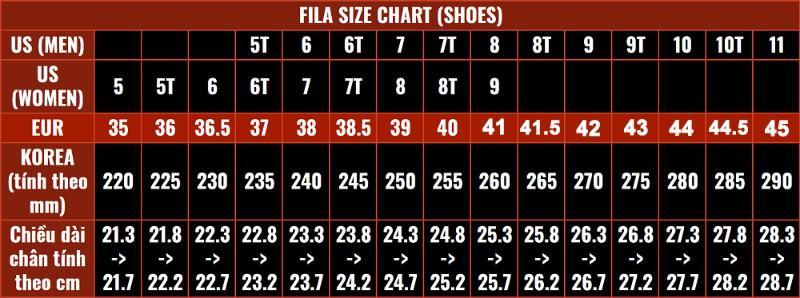 bảng size giày fila hàn quốc