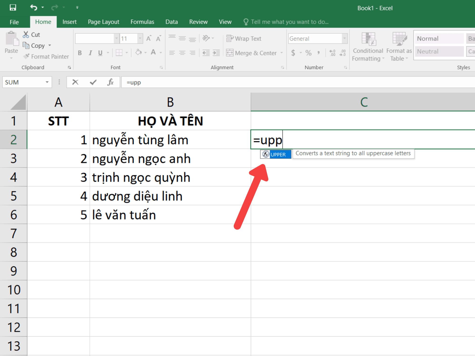 chuyển chữ thường sang chữ in hoa trong excel