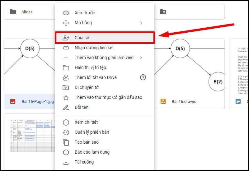 Click chuột phải và chọn Chia sẻ ở tệp bạn muốn mở quyền truy cập