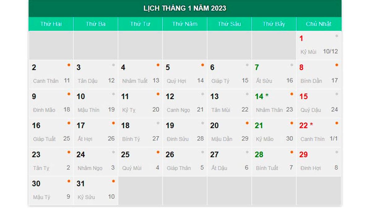 Lịch âm tháng 1 năm 2023